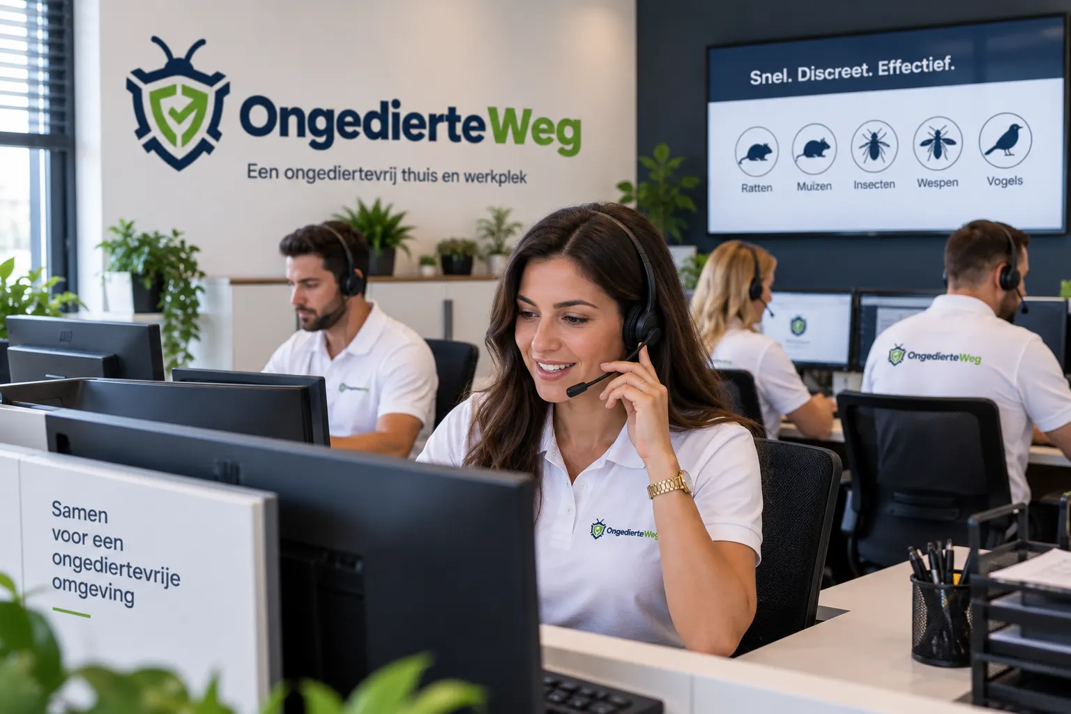 Medewerkers van OngedierteWeg aan de telefoon op kantoor